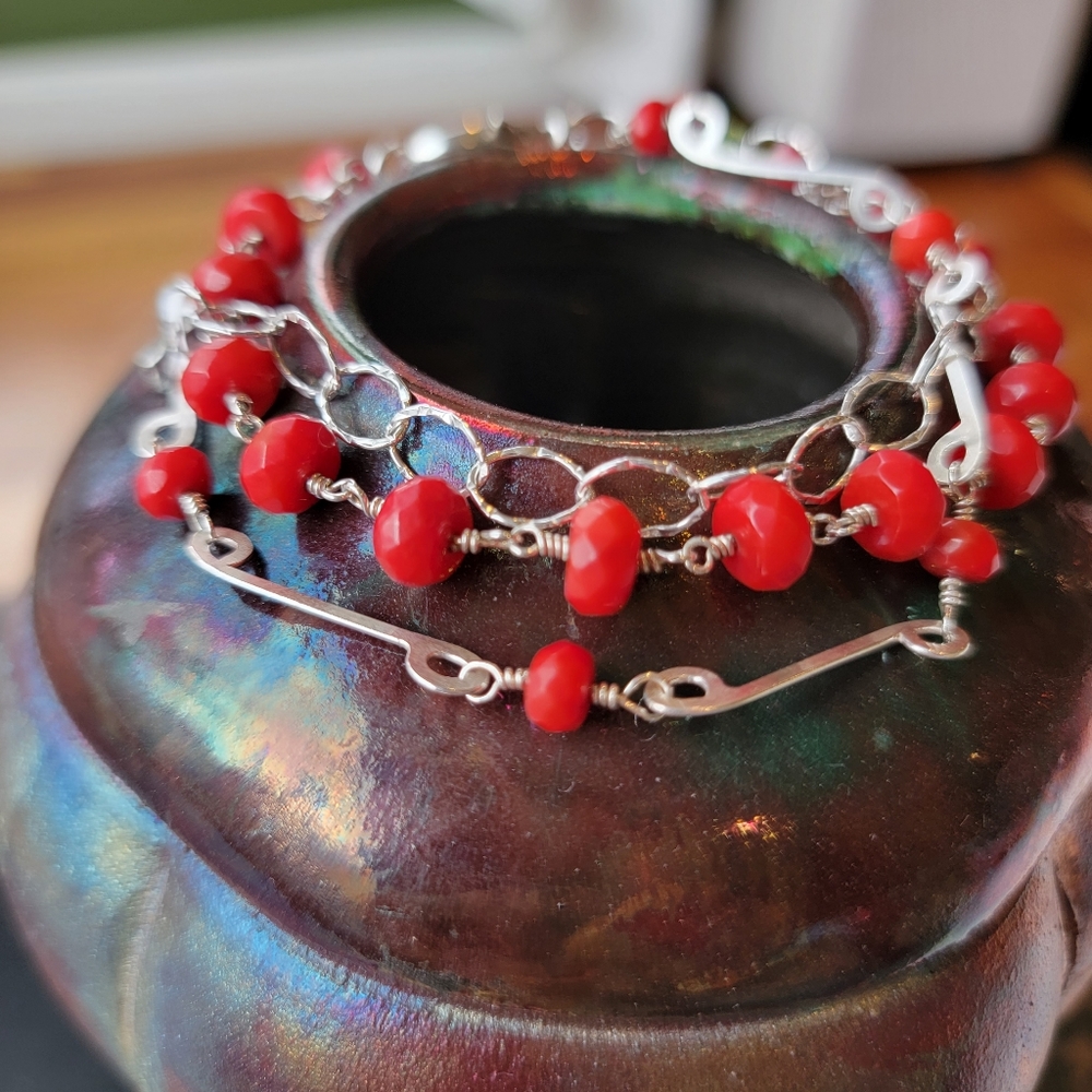 Multi-strand Sterling Silver and Coral Bracelet